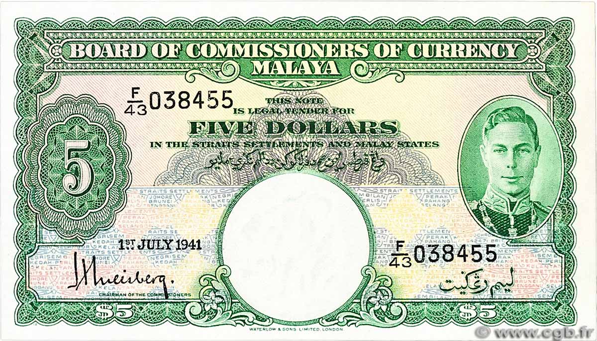 5 Dollars MALAYA  1941 P.12 fST+