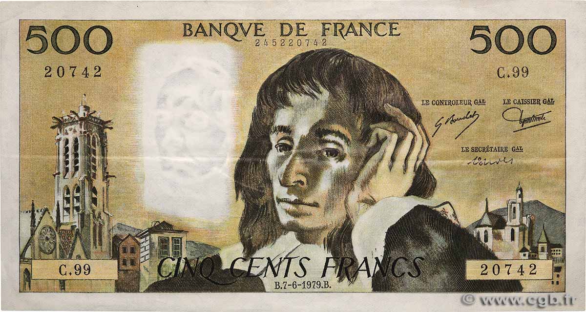 500 Francs PASCAL FRANCE  1979 F.71.19 VF