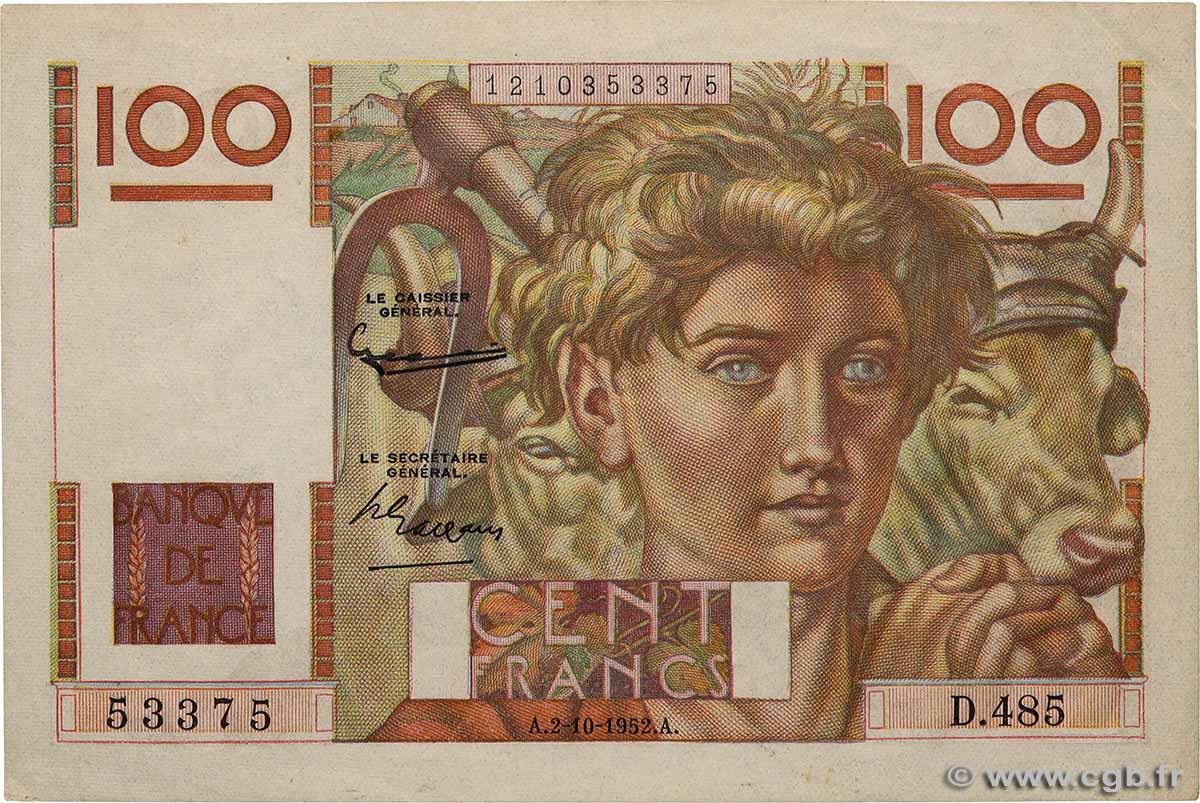 100 Francs JEUNE PAYSAN FRANKREICH  1952 F.28.34 fVZ