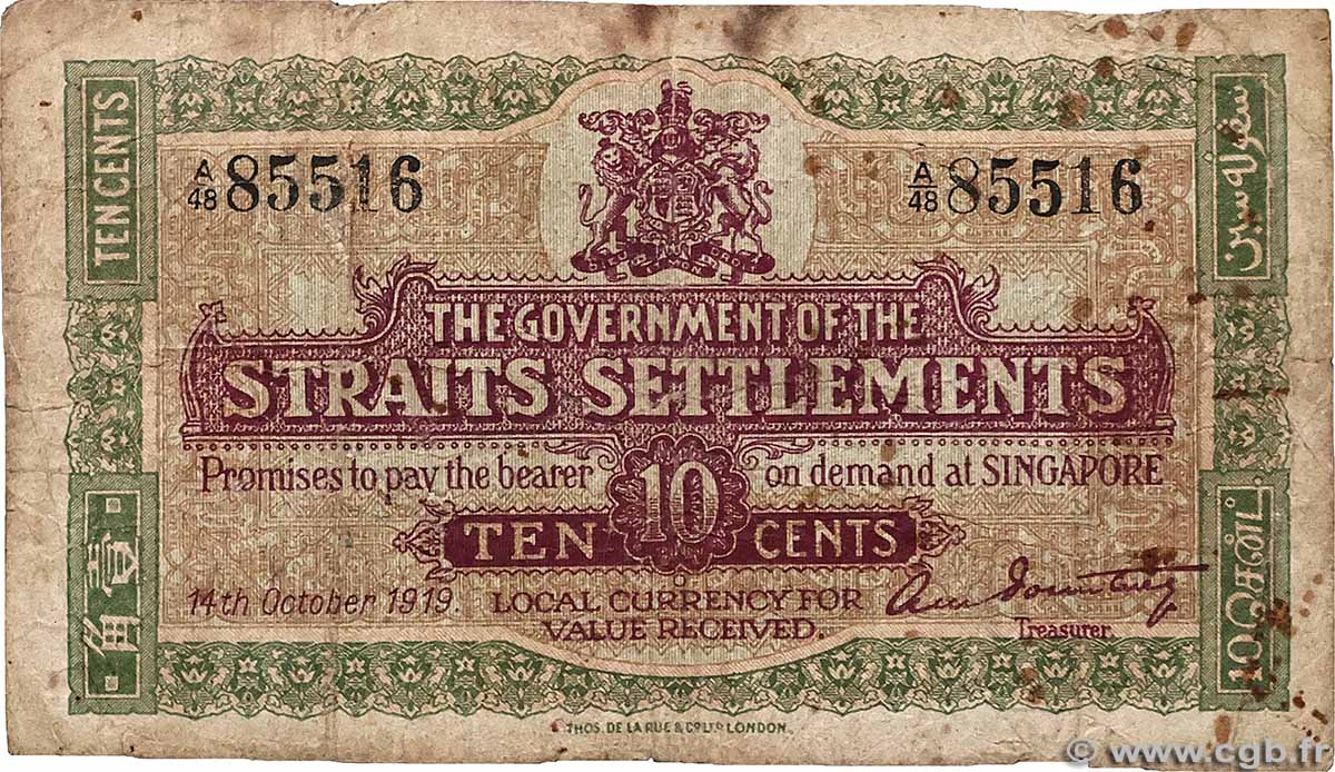10 Cents MALAISIE - ÉTABLISSEMENTS DES DÉTROITS  1919 P.08b B+