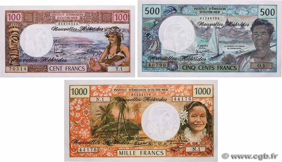 100, 500 et 1000 Francs Lot NOUVELLES HÉBRIDES  1977 P.18d, P19c et P.20c NEUF