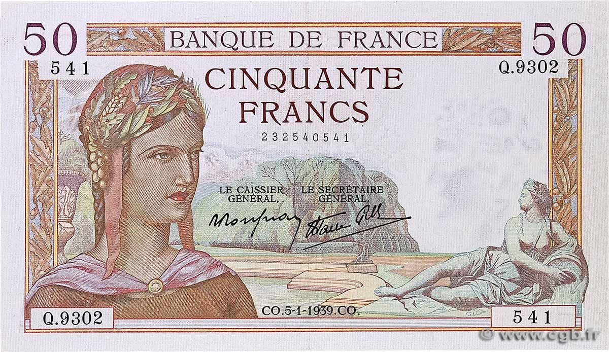 50 Francs CÉRÈS modifié FRANKREICH  1939 F.18.19 VZ