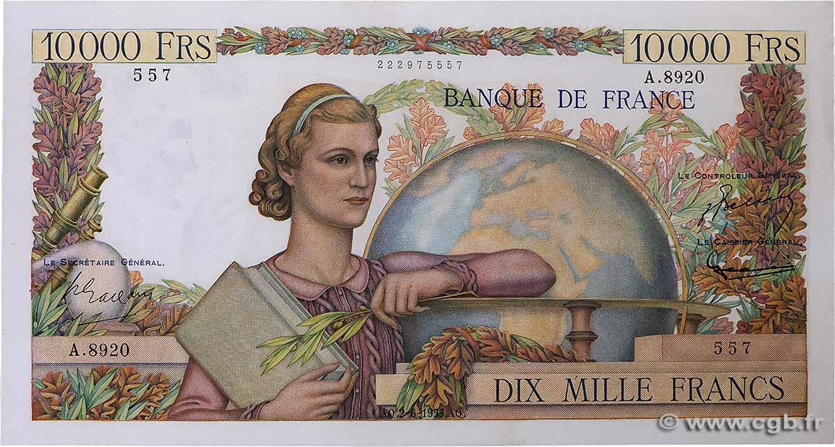10000 Francs GÉNIE FRANÇAIS FRANCE  1955 F.50.75 pr.SPL