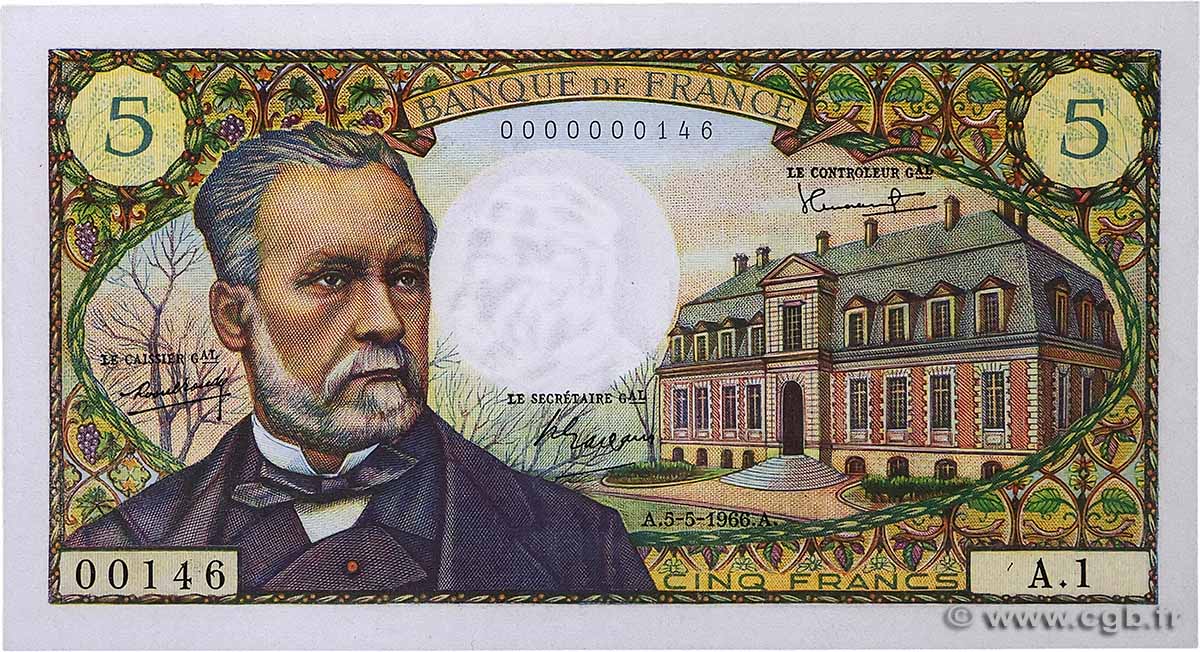 5 Francs PASTEUR Petit numéro FRANCE  1966 F.61.01A1 UNC-