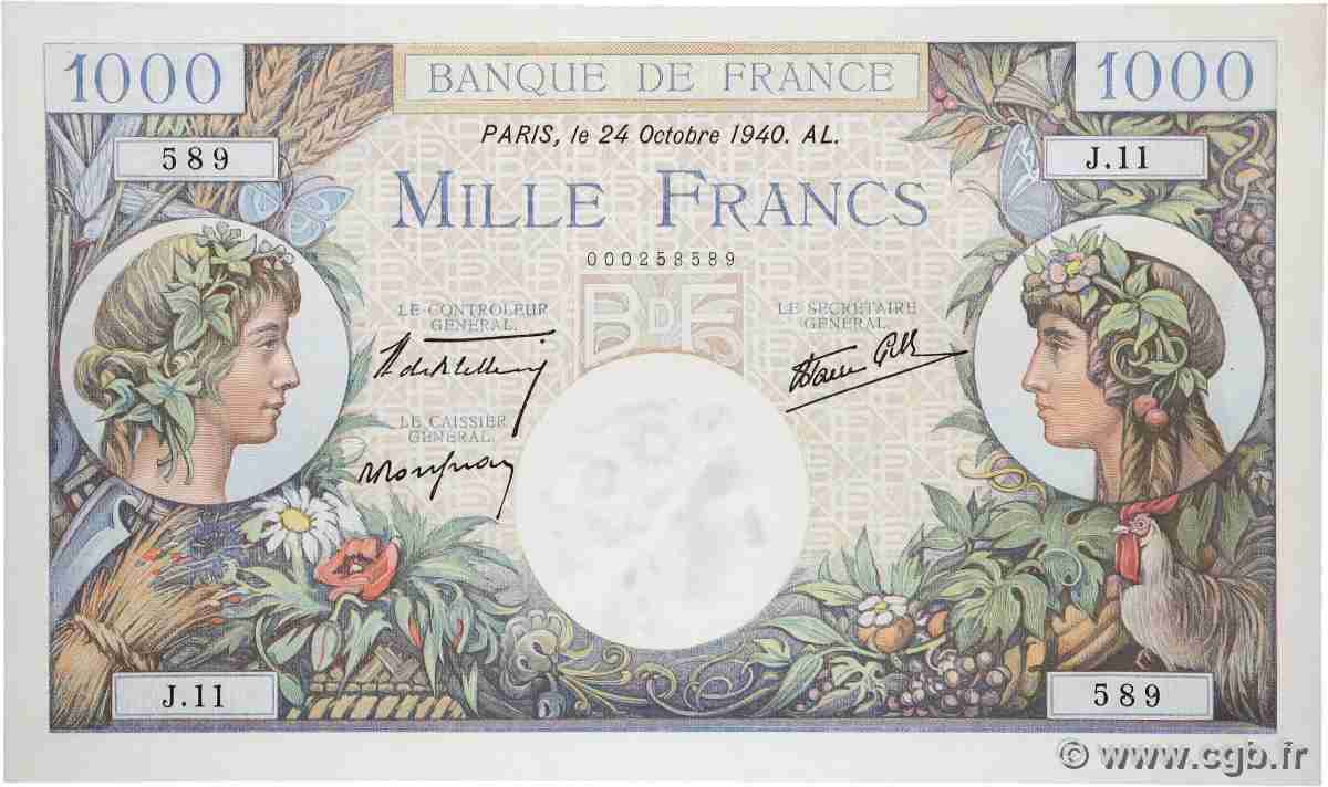 1000 Francs COMMERCE ET INDUSTRIE FRANCE  1940 F.39.01 pr.NEUF