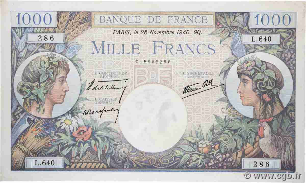 1000 Francs COMMERCE ET INDUSTRIE FRANCE  1940 F.39.02 XF