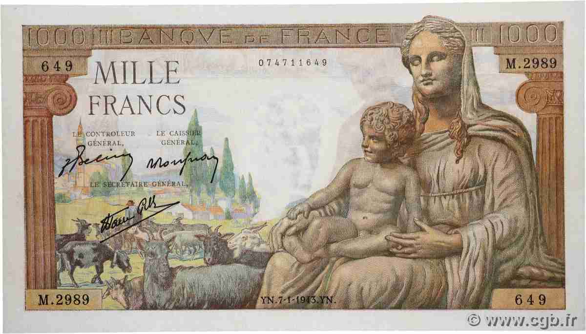 1000 Francs DÉESSE DÉMÉTER FRANCE  1943 F.40.15 UNC-