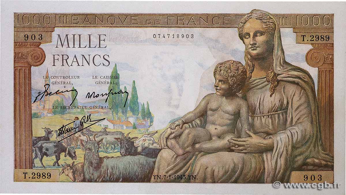 1000 Francs DÉESSE DÉMÉTER FRANCE  1943 F.40.15 UNC