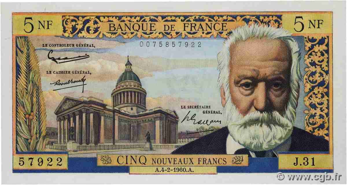 5 Nouveaux Francs VICTOR HUGO FRANCE  1960 F.56.05 pr.NEUF