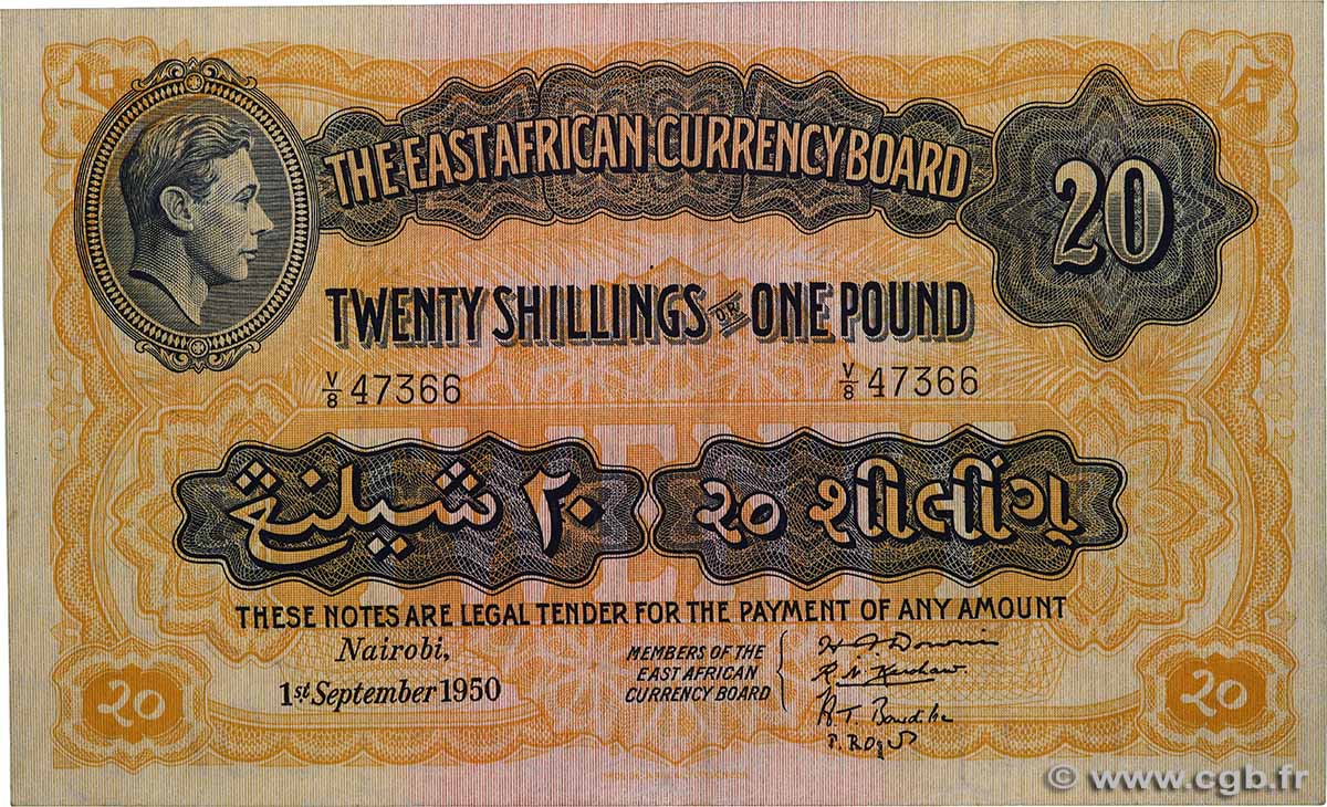 20 Shillings - 1 Pound AFRIQUE DE L&nbsp;EST  1950 P.30b SUP