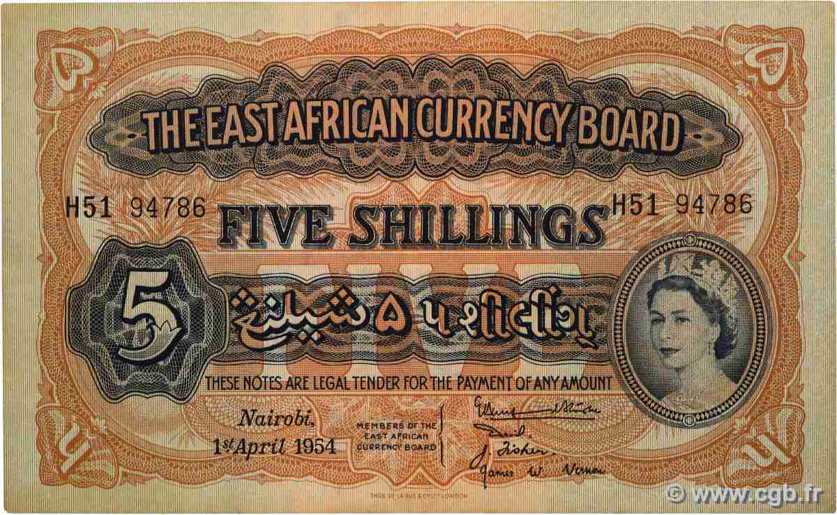 5 Shillings AFRIQUE DE L&nbsp;EST  1954 P.33 pr.SUP