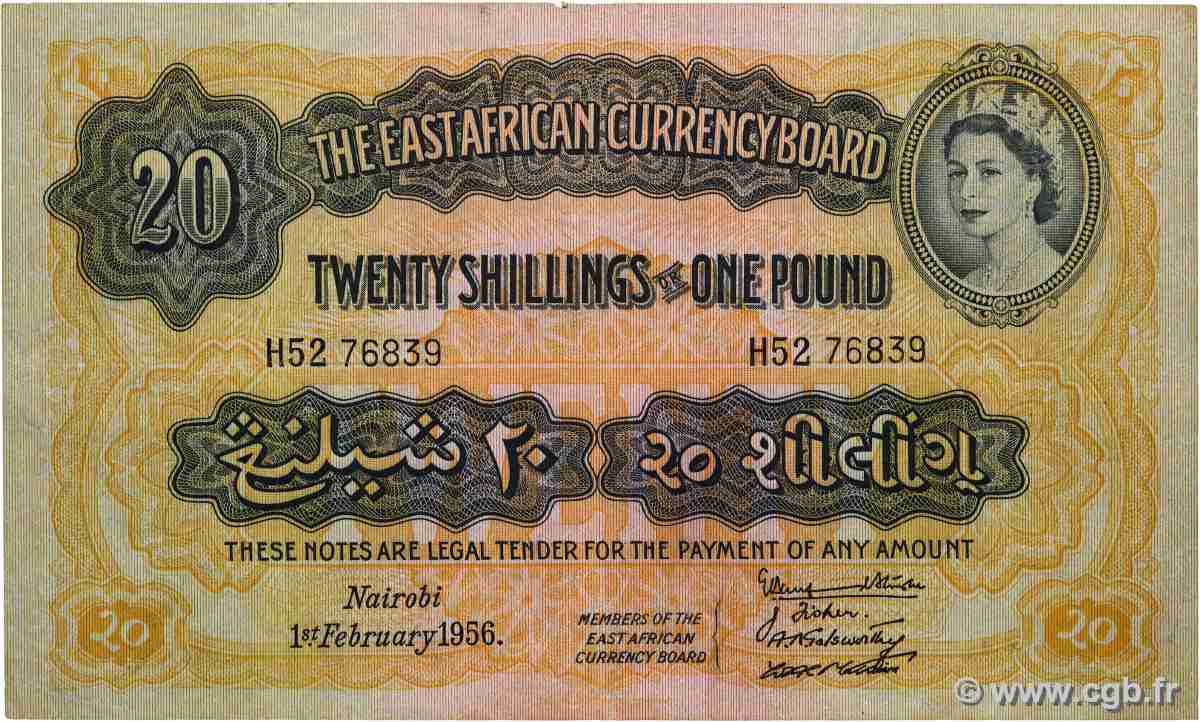 20 Shillings - 1 Pound AFRIQUE DE L&nbsp;EST  1956 P.35 TTB