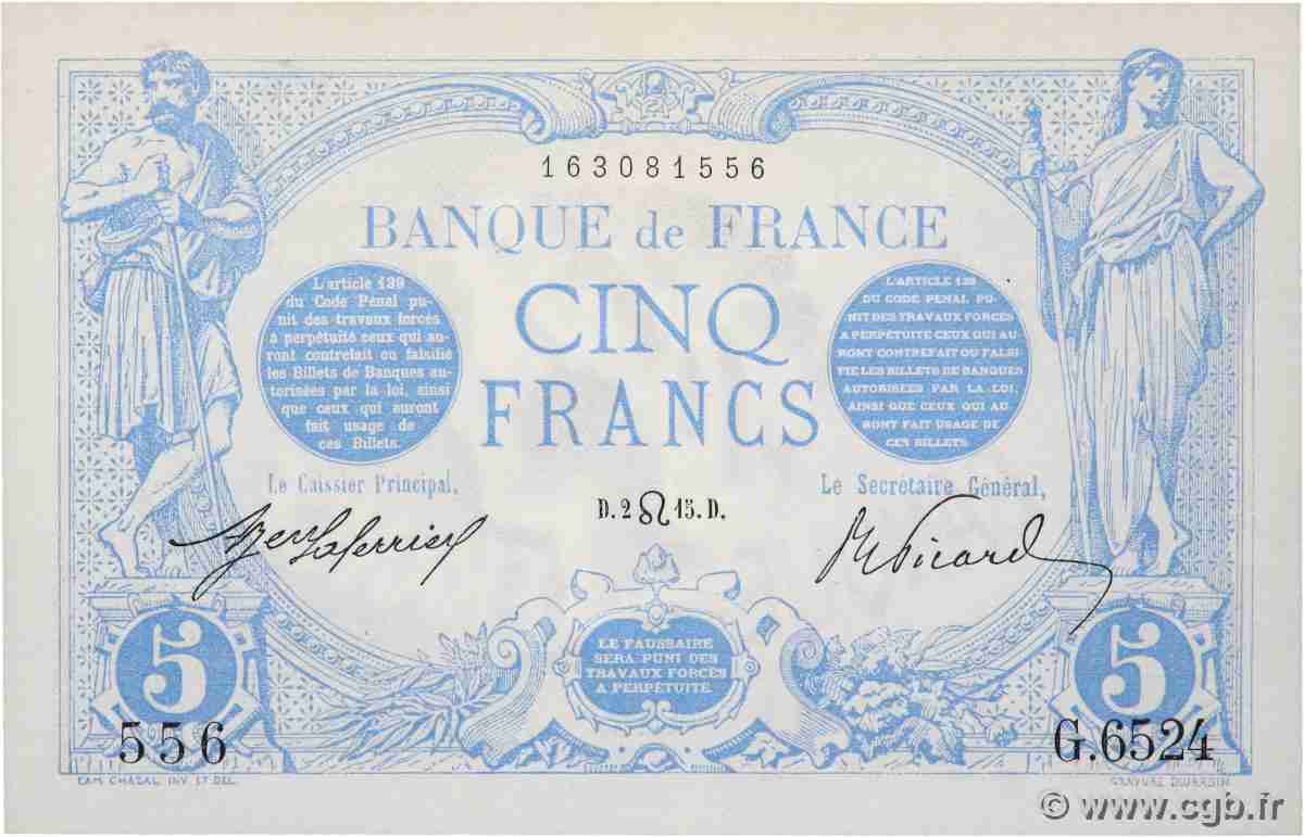5 Francs BLEU FRANKREICH  1915 F.02.29 fST+