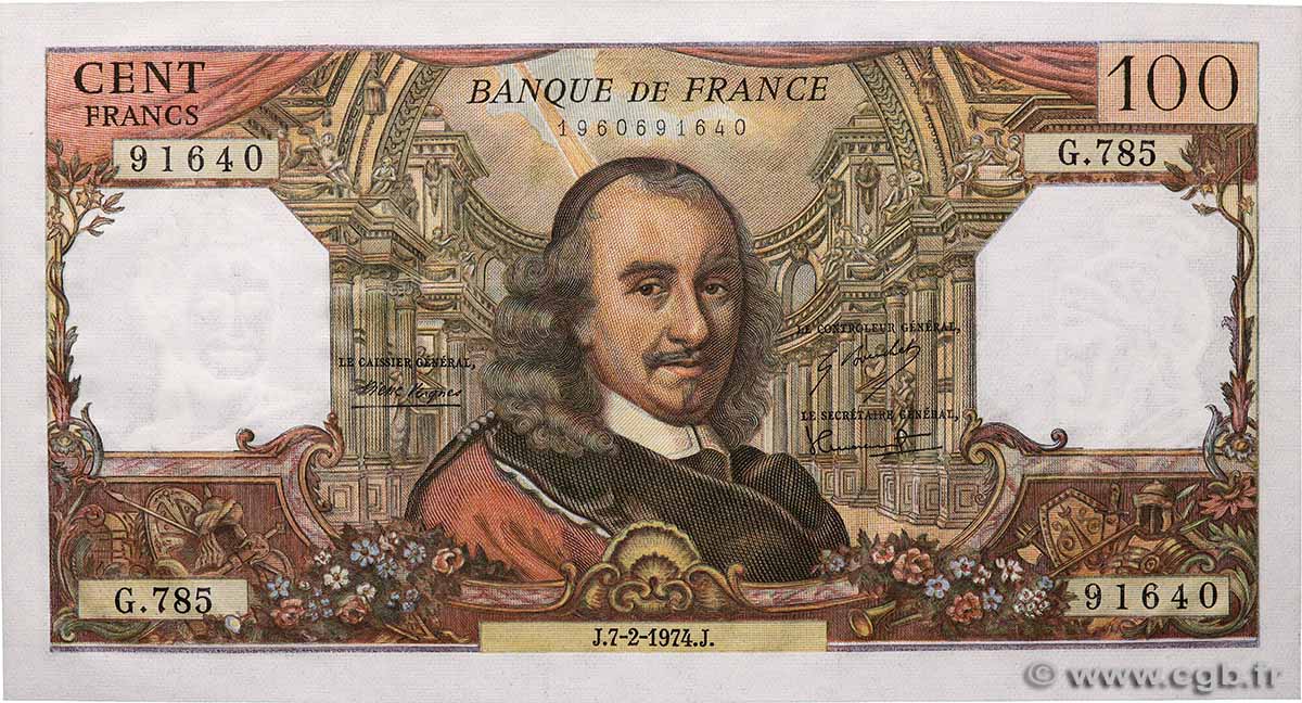 100 Francs CORNEILLE FRANKREICH  1974 F.65.45 fST+