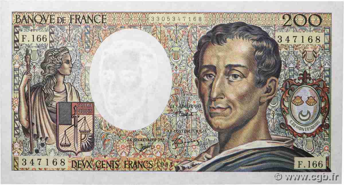 200 Francs MONTESQUIEU Modifié FRANCE  1994 F.70/2.01 NEUF