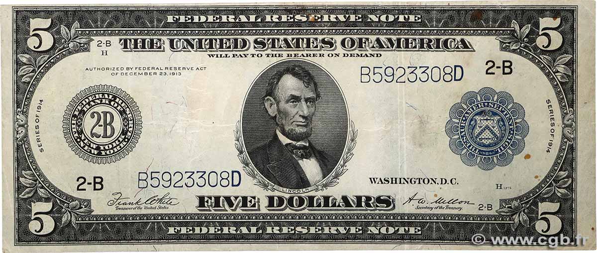 5 Dollars ÉTATS-UNIS D&nbsp;AMÉRIQUE New York 1914 P.359b TB+