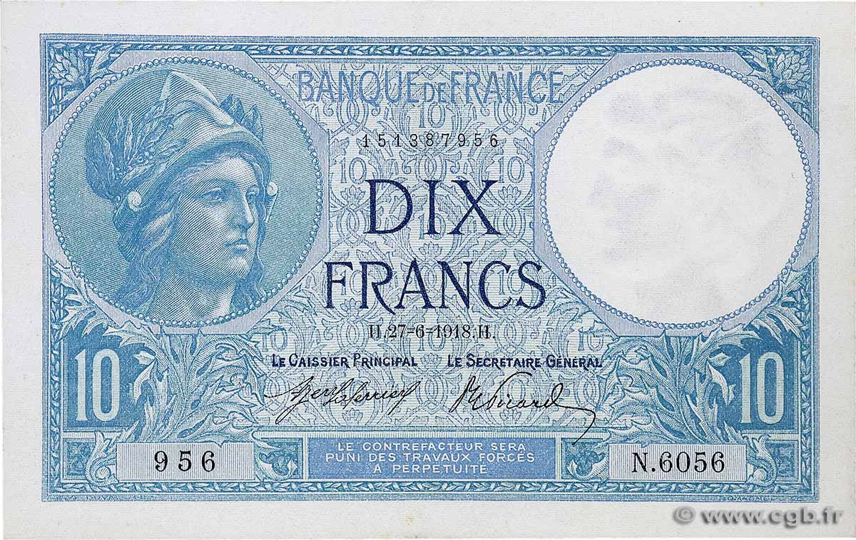 10 Francs MINERVE FRANCE  1918 F.06.03 AU+