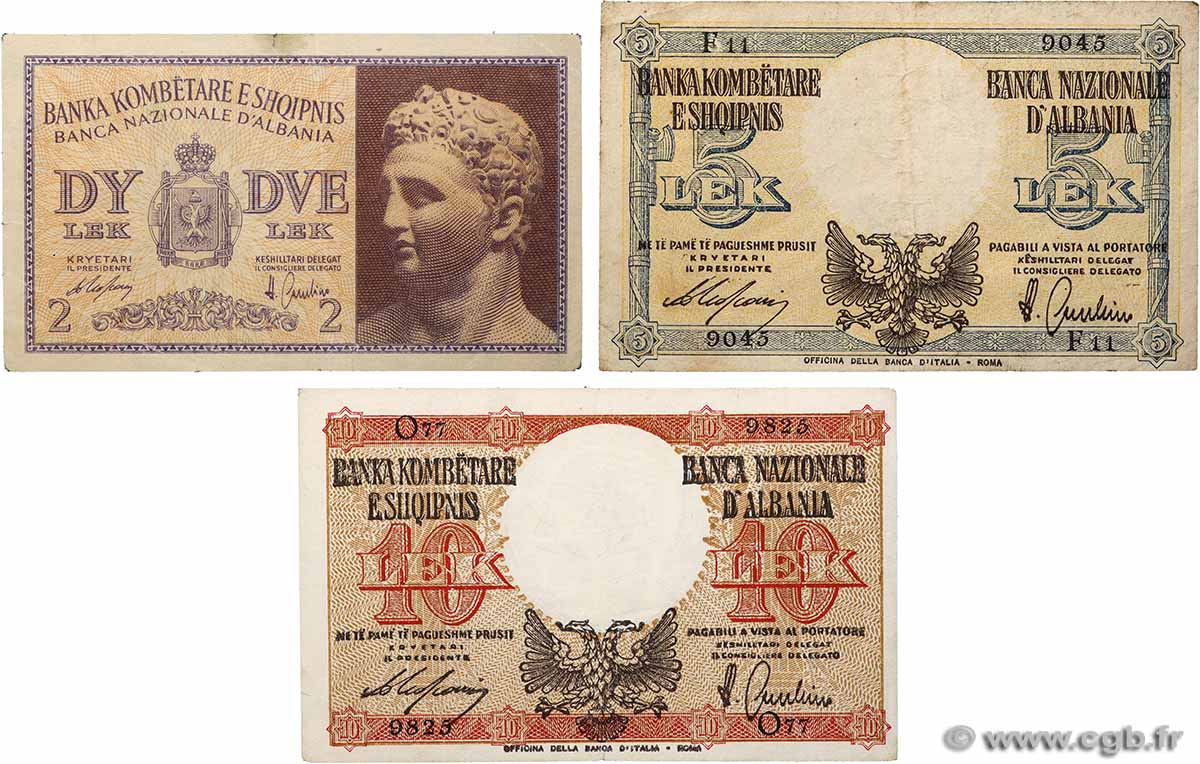 2, 5 et 10 Lek Lot ALBANIE  1940 P.09, P.10 et P.11 TB+