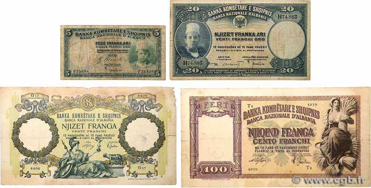 5, 20 Franka Ari et 20, 100 Franga Lot ALBANIE  1926 P.02b, P.03, P.07 et P.08 TB