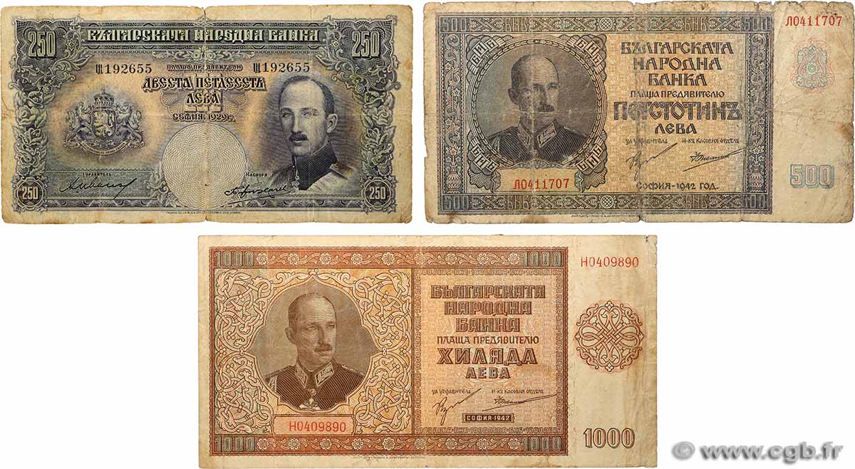 250, 500 et 1000 Leva Lot BULGARIE  1929 P.051a, P.060 et P.061 B+