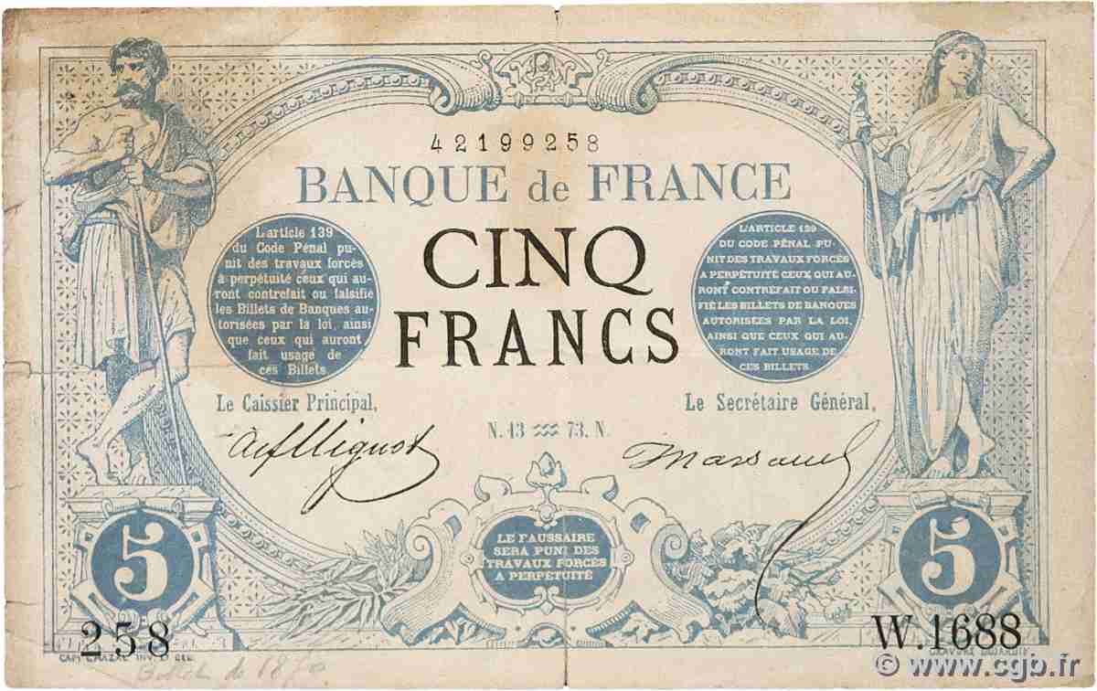 5 Francs NOIR FRANCE  1873 F.01.14 B+