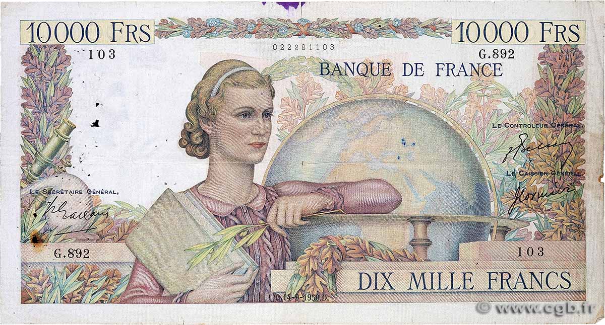 10000 Francs GÉNIE FRANÇAIS FRANCE  1950 F.50.38 TB