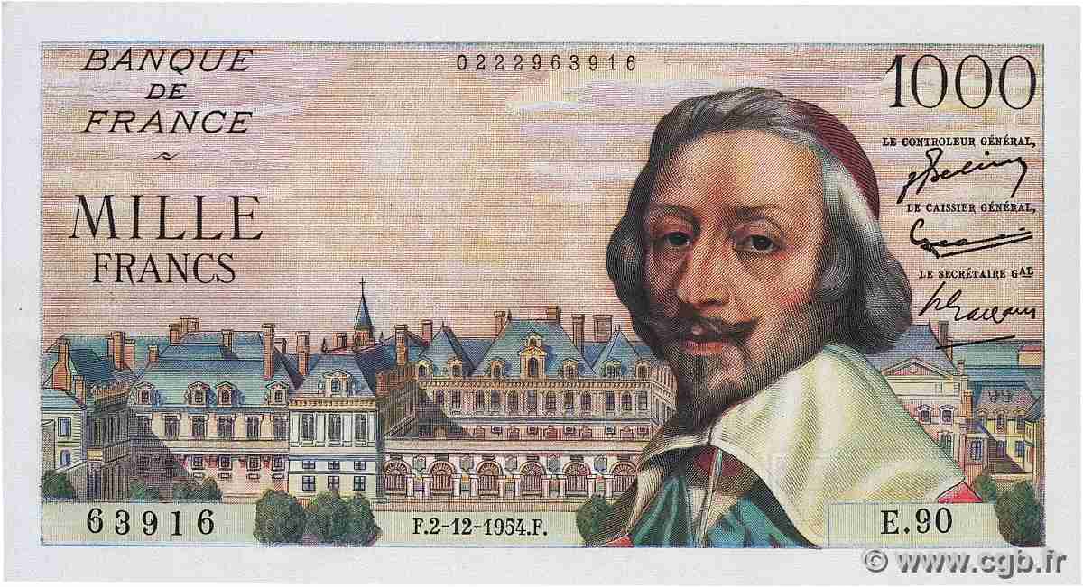 1000 Francs RICHELIEU FRANCE  1954 F.42.09 XF