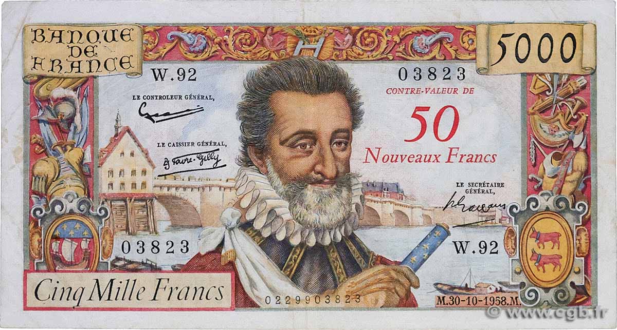 50 NF sur 5000 Francs HENRI IV FRANCE  1958 F.54.01 B