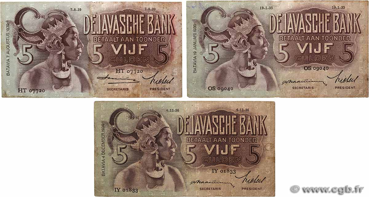 5 Gulden Lot NIEDERLÄNDISCH-INDIEN  1935 P.078a et c SGE to S