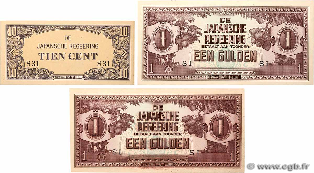 10 Cent et 1 Gulden Lot NETHERLANDS INDIES  1942 P.121a et P.123c UNC-