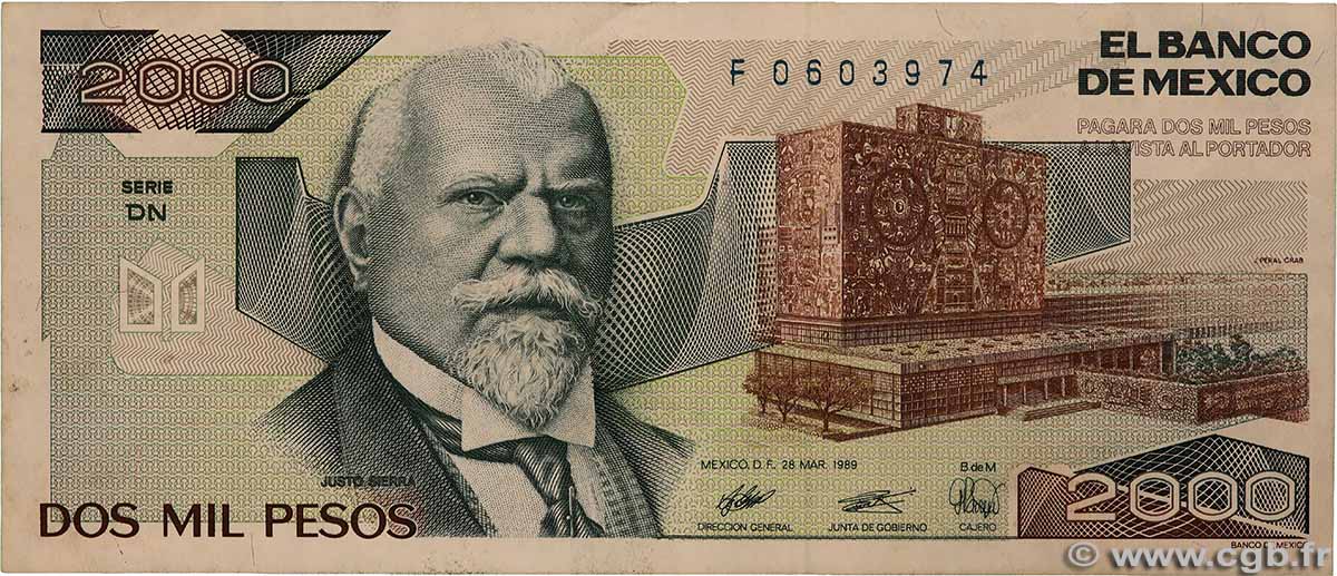 2000 Pesos MEXICO  1989 P.086c MBC+