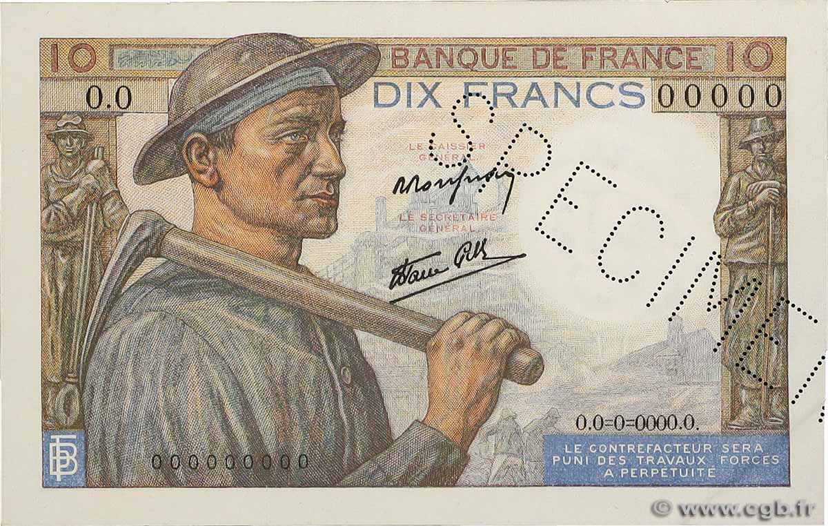 10 Francs MINEUR Spécimen FRANCE  1941 F.08.01Sp1 AU-
