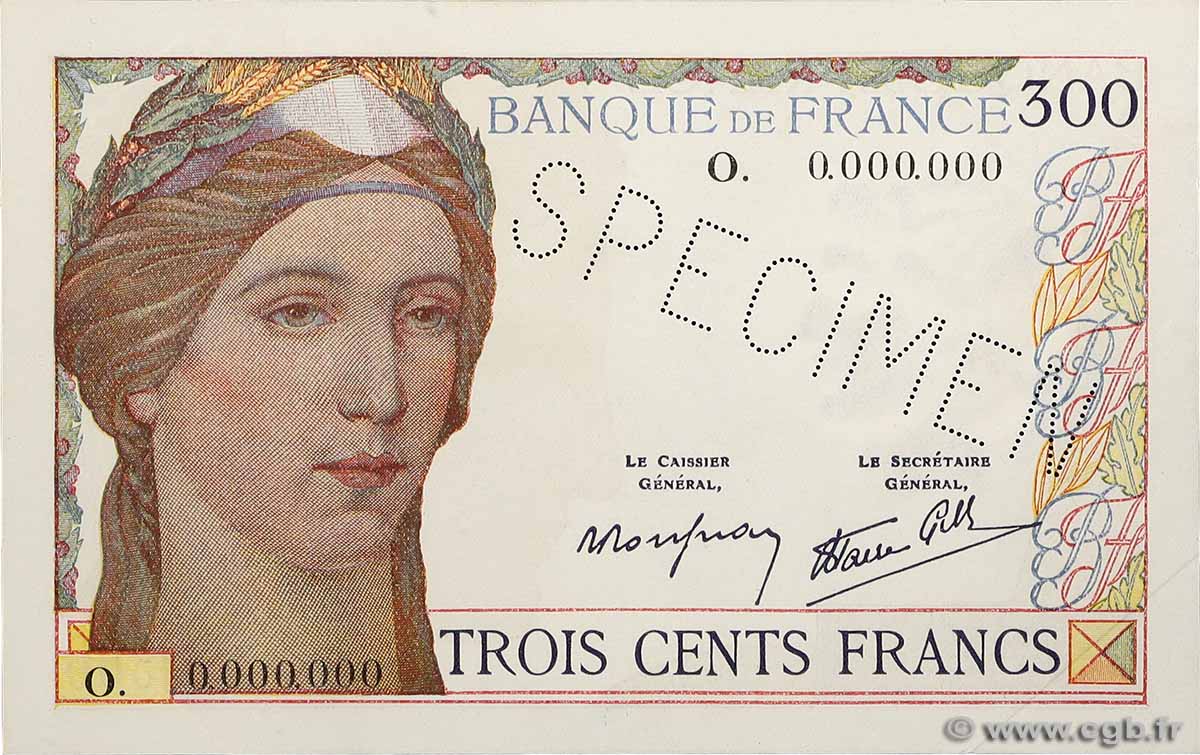 300 Francs Spécimen FRANCE  1938 F.29.01Sp AU-