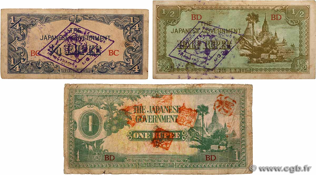 1/4, 1/2 et 1 Rupee Lot BURMA (VOIR MYANMAR)  1942 P.12a, P.13b et P.14b VG