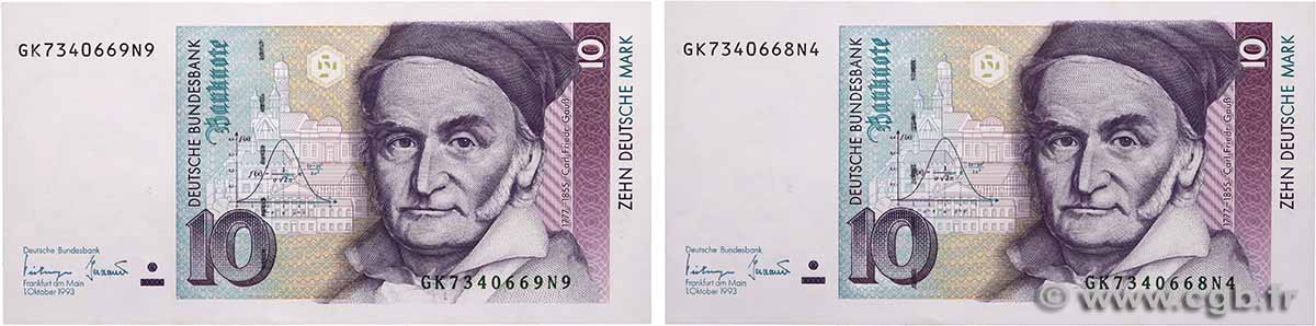 10 Deutsche Mark Consécutifs ALLEMAGNE FÉDÉRALE  1993 P.38c pr.NEUF