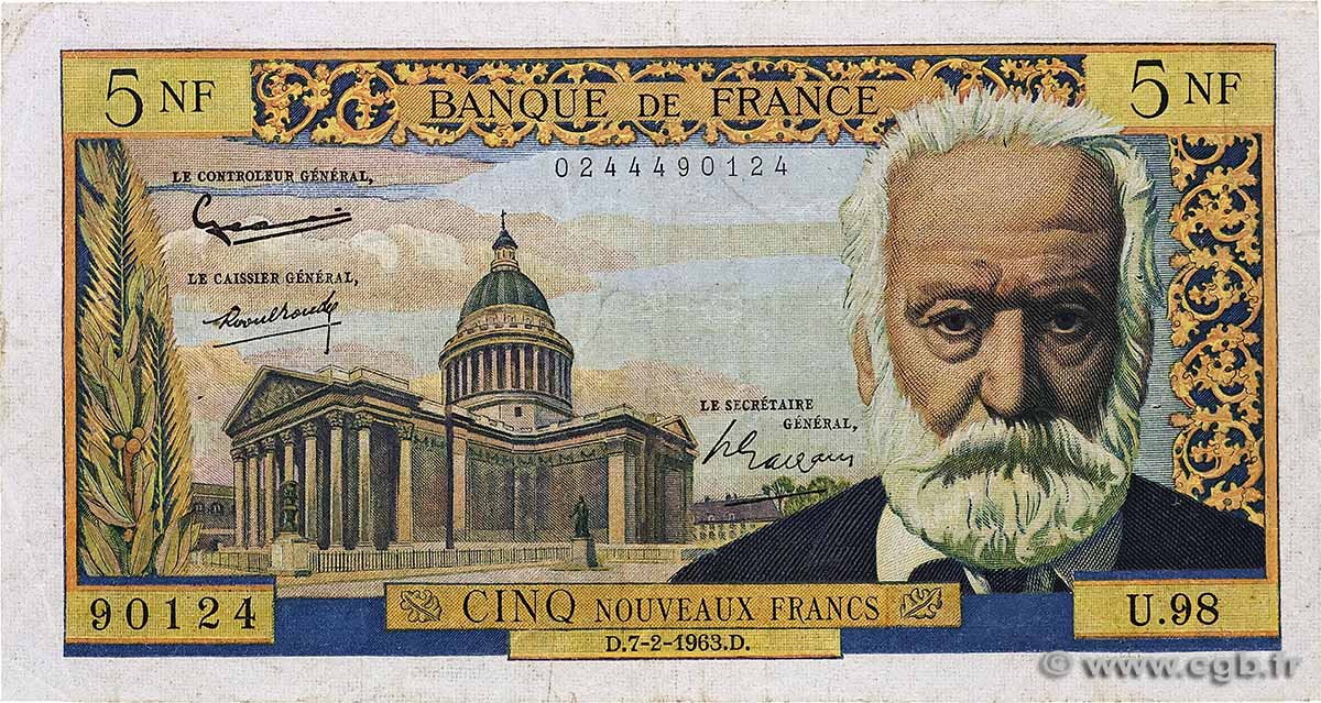 5 Nouveaux Francs VICTOR HUGO FRANCIA  1963 F.56.13 BC