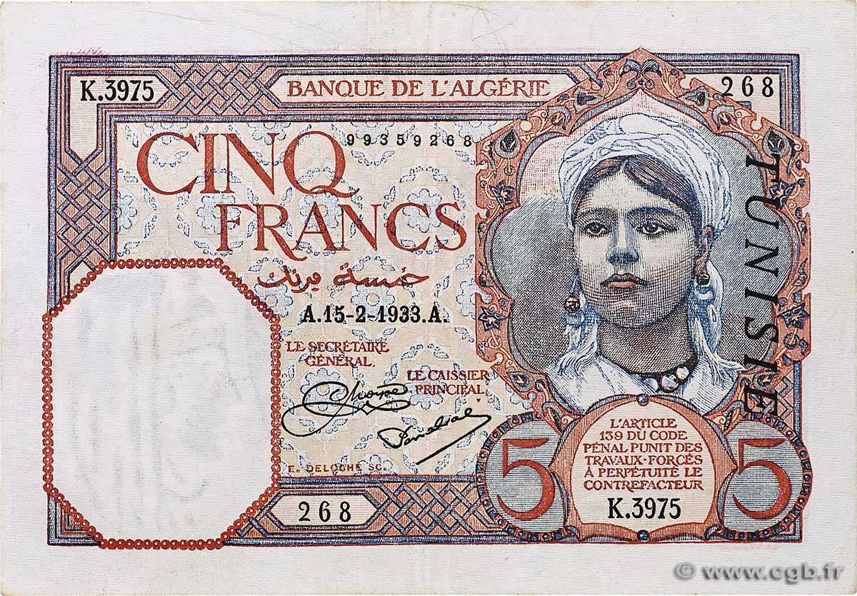 5 Francs TúNEZ  1933 P.08a MBC+