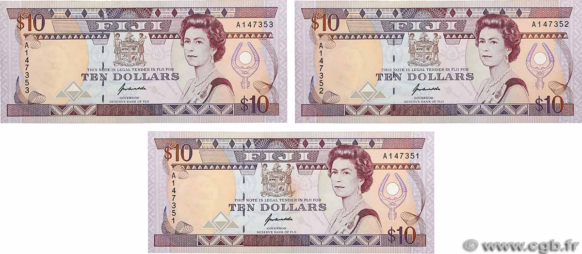 10 Dollars Consécutifs FIJI  1992 P.094a UNC