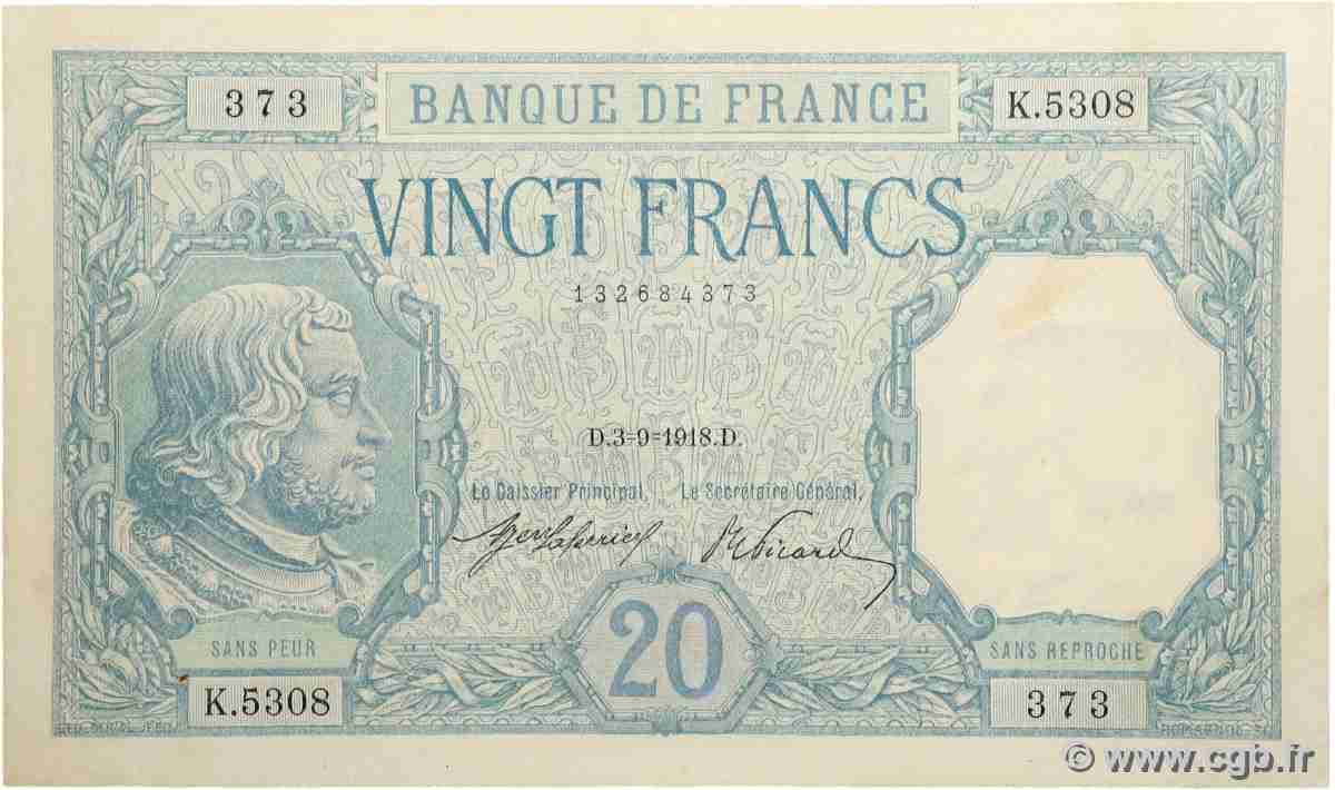 20 Francs BAYARD FRANCE  1918 F.11.03a AU-