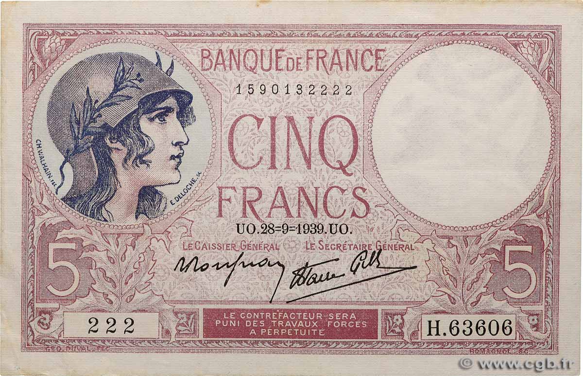 5 Francs FEMME CASQUÉE modifié FRANCE  1939 F.04.10 SUP