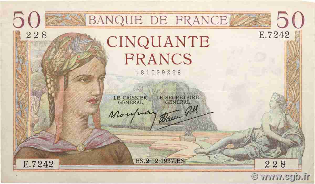 50 Francs CÉRÈS modifié FRANKREICH  1937 F.18.05 fVZ