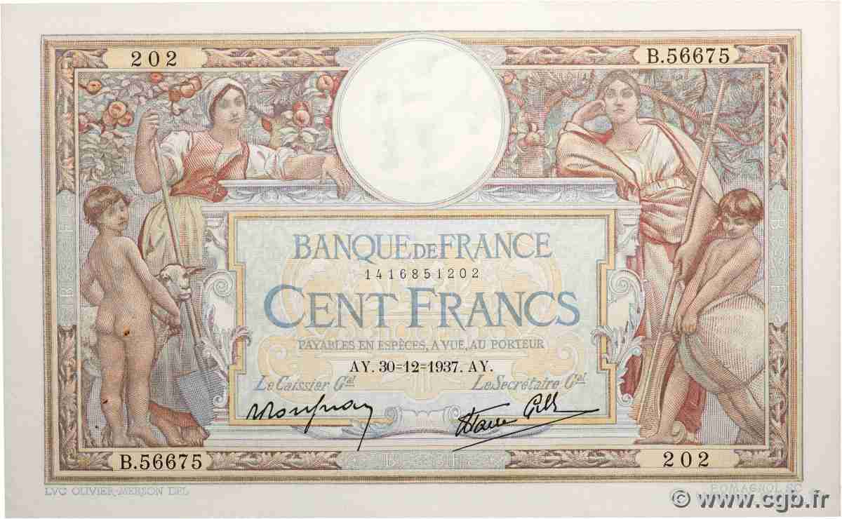 100 Francs LUC OLIVIER MERSON type modifié FRANCE  1937 F.25.07 SUP+
