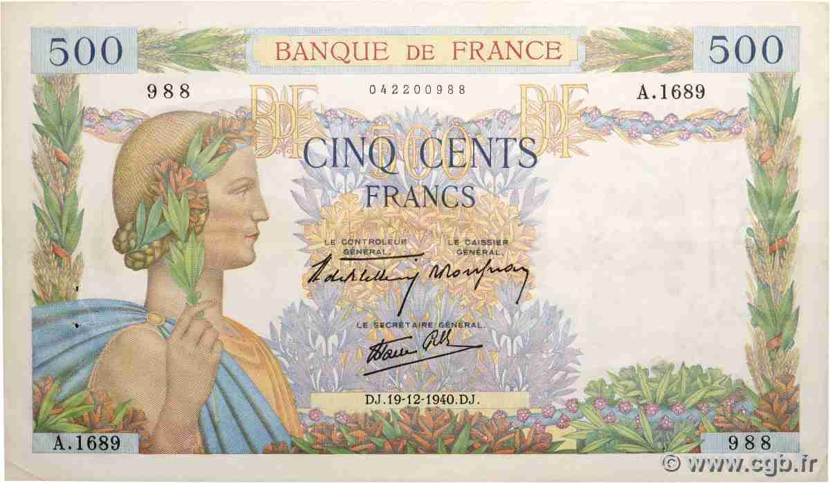 500 Francs LA PAIX FRANKREICH  1940 F.32.11 fVZ