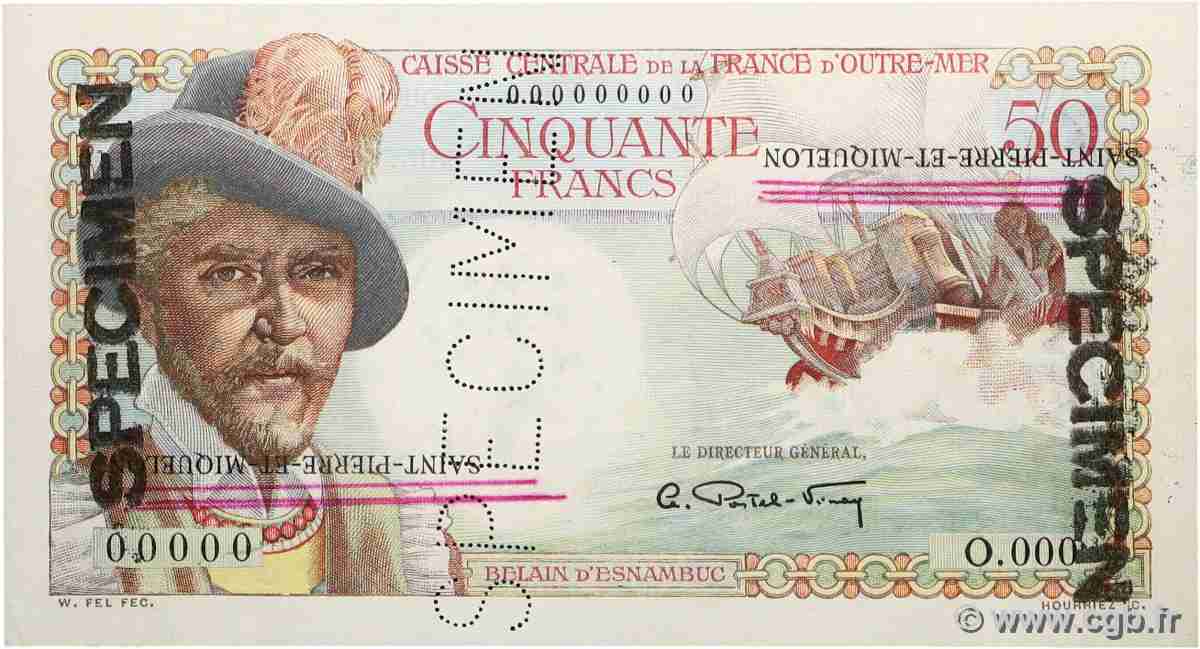 50 Francs Belain d&nbsp;Esnambuc Spécimen SAINT PIERRE ET MIQUELON  1946 P.25s SPL+
