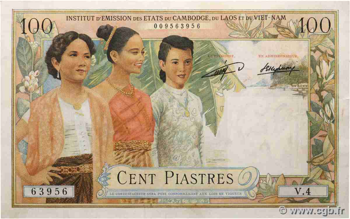 100 Piastres - 100 Kip FRANZÖSISCHE-INDOCHINA  1954 P.103 fVZ