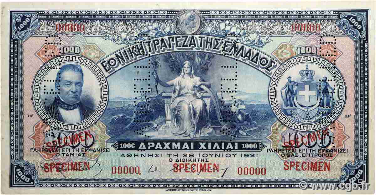 1000 Drachmes Spécimen GRÈCE  1921 P.069s TTB+