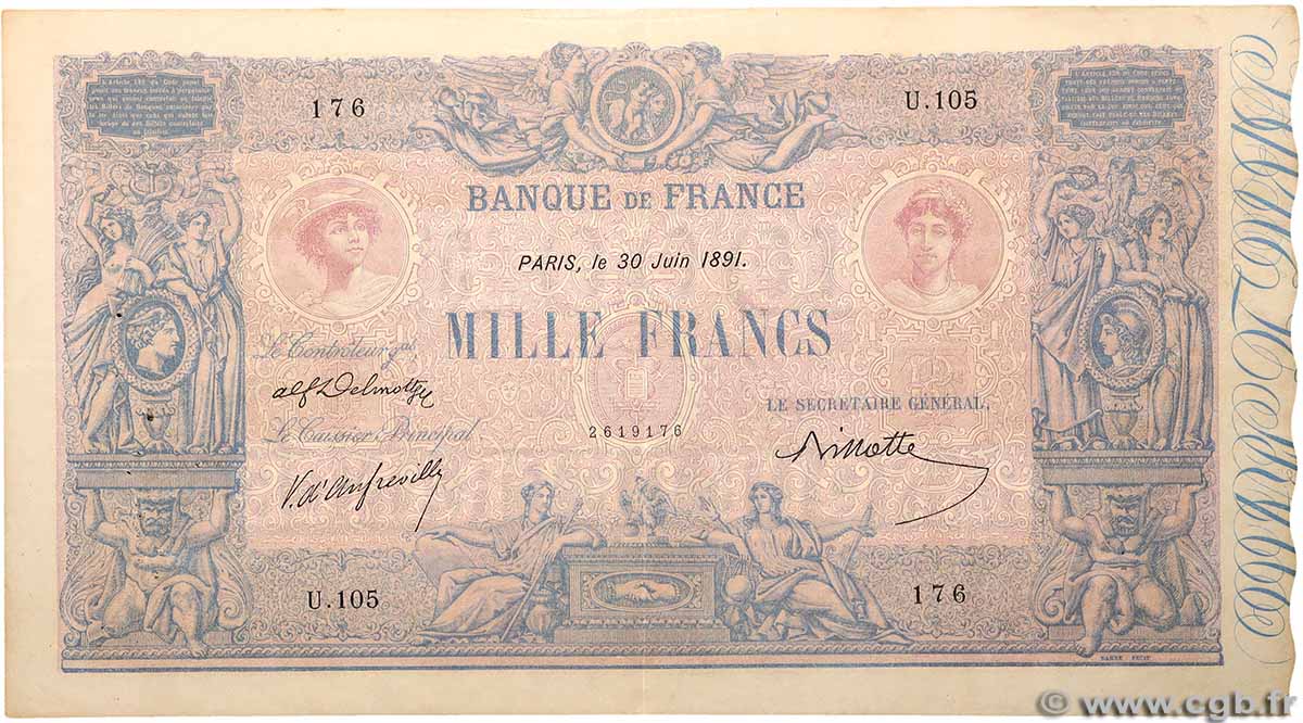 1000 Francs BLEU ET ROSE FRANCE  1891 F.36.03 TTB