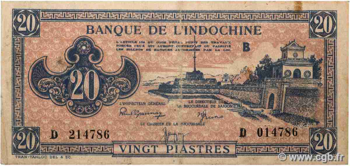 20 Piastres rose orangé FRANZÖSISCHE-INDOCHINA  1945 P.072 S