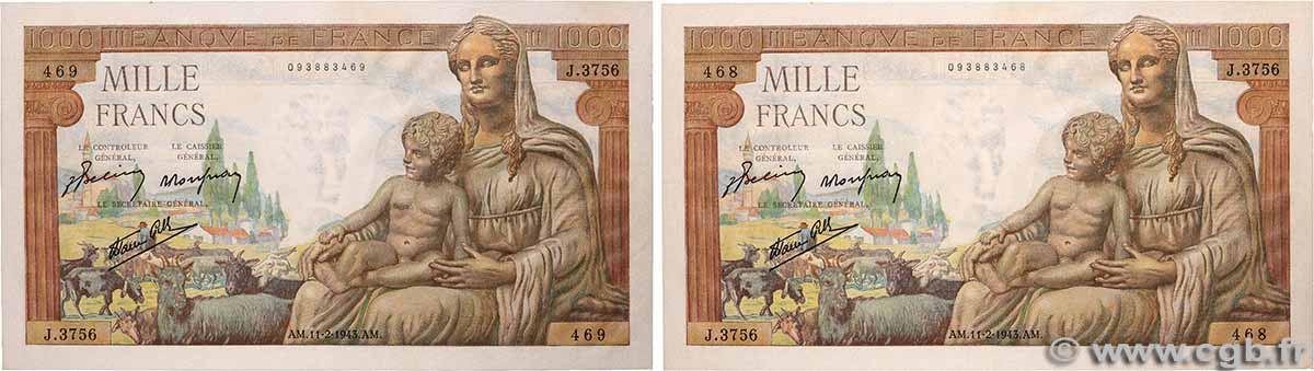 1000 Francs DÉESSE DÉMÉTER Consécutifs FRANCE  1943 F.40.18 pr.SPL