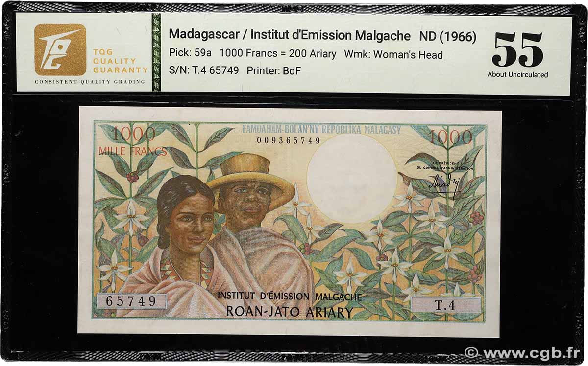 1000 Francs - 200 Ariary MADAGASCAR  1966 P.059a AU
